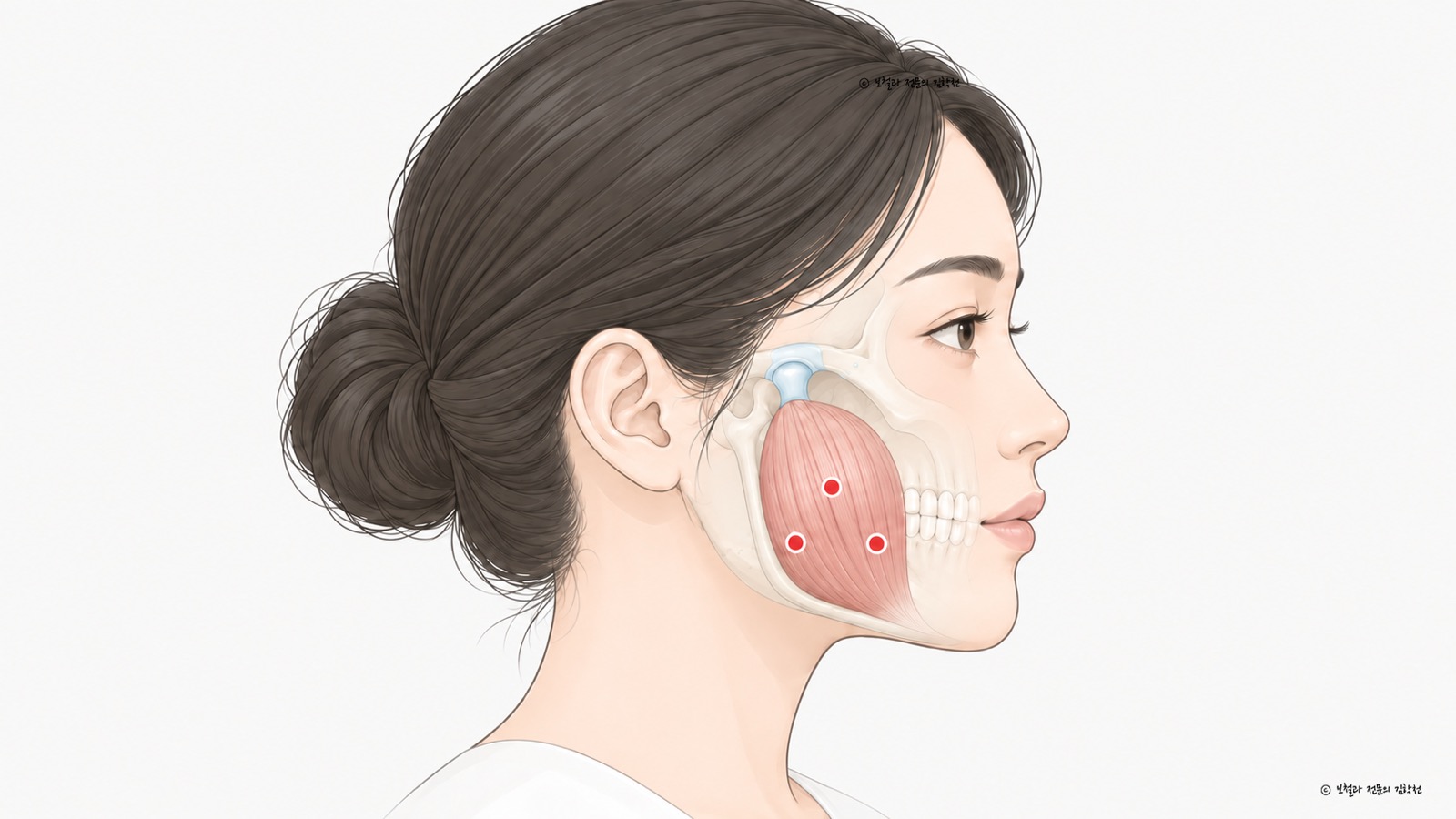 턱관절 보톡스 주사 자리로 볼 쪽 교근에 세 곳을 표시한 옆얼굴 그림